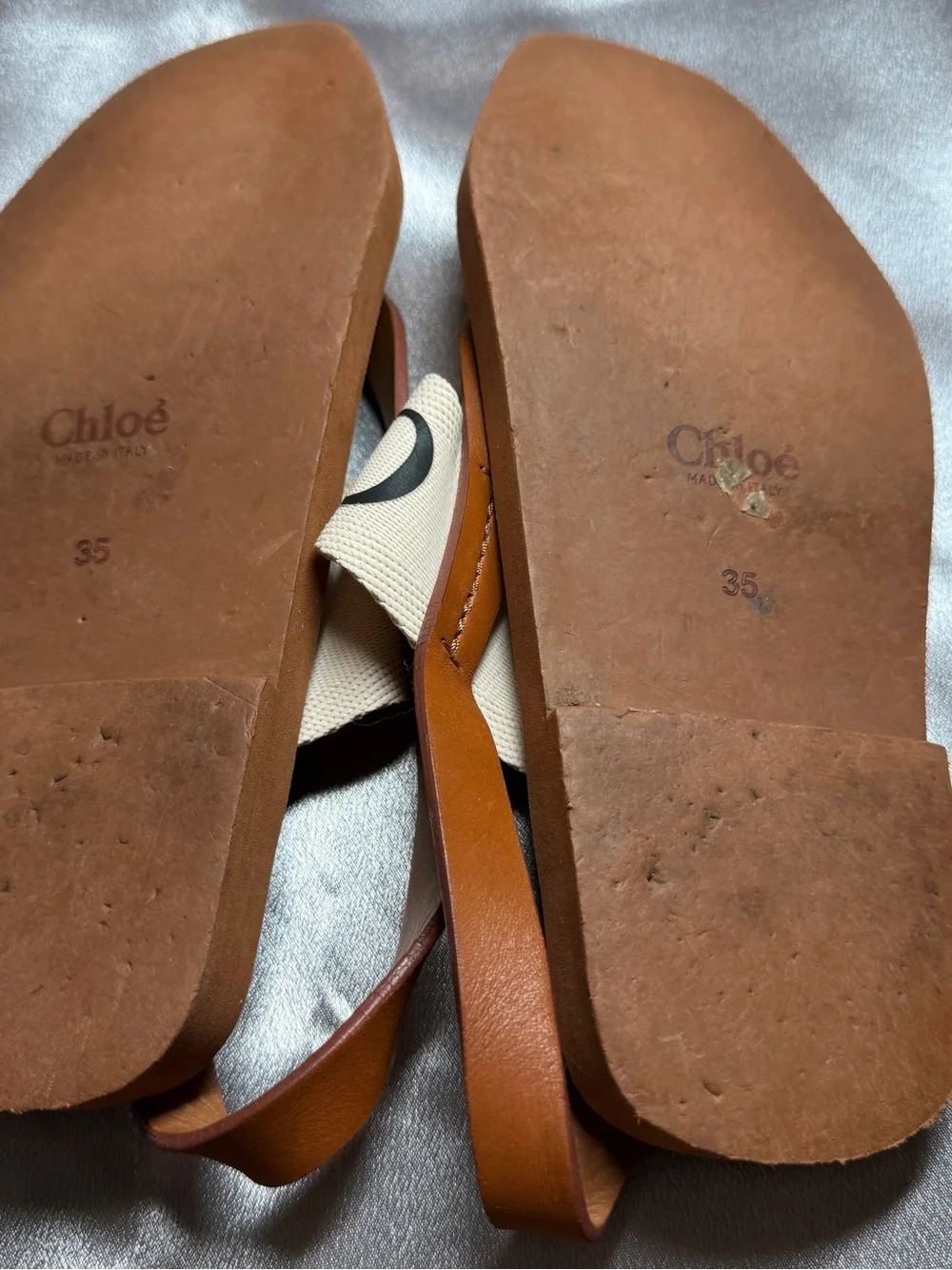 CHLOE Woody Flat Sandal Thong Slingback Logo Canvas Tan EU 35 US 5